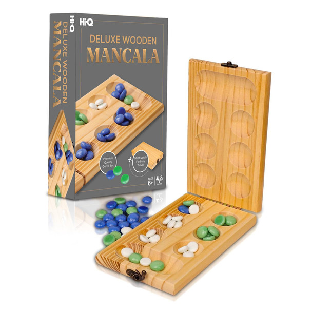 Hi-Q Solid Wood Deluxe Mancala - Folding Board Game w Metal Latch and Glass Marbles- Portable Strategy Travel Game - Recommended Ages 6+