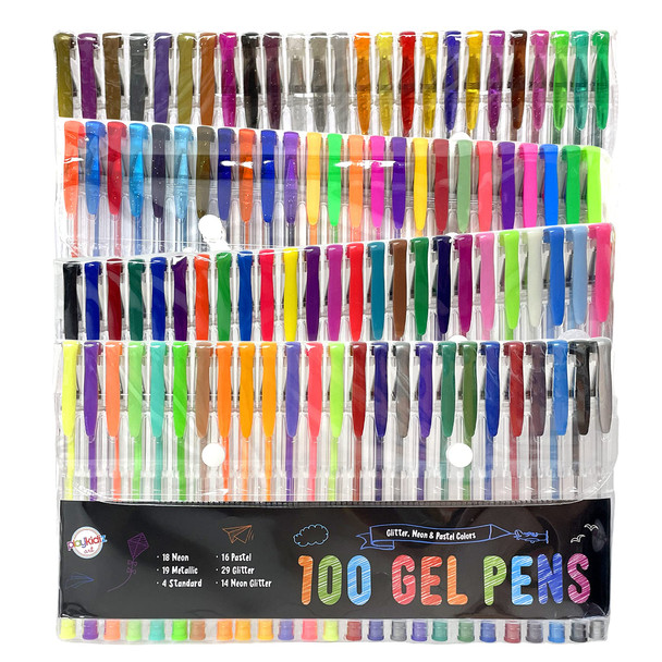 Playkidiz Gel Pens, Fine Point Colored Pens Great for Adult Coloring Book, Glitter neon & Pastel Colors 100 Pack, Journaling, Crafting, Doodling, Drawing Fun