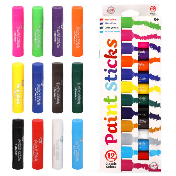 Playkidiz Paint Sticks, 12 Pack, Classic Colors, Twistable Crayon Paint Sticks, Mess-Free Tempera & Poster Paint, Quick Drying, Great Birthday Gift, Ages 3+