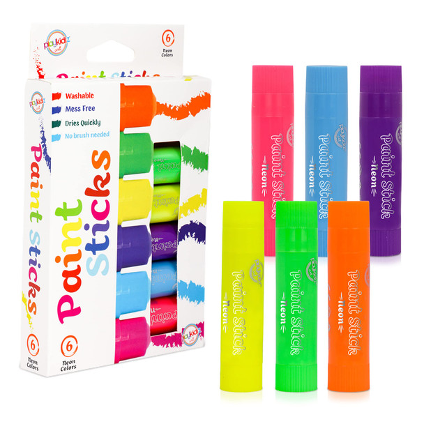 Playkidiz Paint Sticks, 6 Pack, Neon Colors, Twistable Crayon Paint Sticks, Mess-Free Tempera & Poster Paint, Quick Drying, Great Birthday Gift, Ages 3+