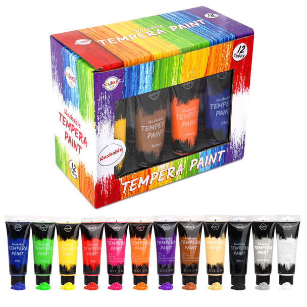Playkidiz Washable Tempera Paints Set of 12 4 oz Bottles for Children, Non-Toxic Washable Acrylic Paint, Kid Friendly, Kid Safe Paint Set, Includes Variety of Brushes, Color, Craft, Create and Party.â