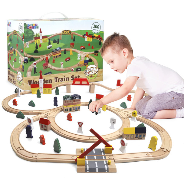 Play Build Wooden Train Set, Complete Toddler Train Set, 100 Piece Interactive Play & Learn Set, Creative Wooden Train Track Design, Premium Quality, Ages 3+ (100 Piece Set)