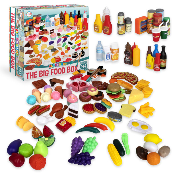 Playkidiz Deluxe Pretend Play Food Set, 144 Piece Plastic Kitchen Set Foods, Used for Grocery Shopping, Cutting, Cooking, Serving and Playing.