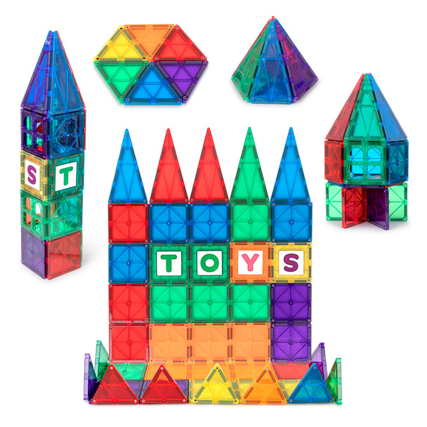 Playmags 60 Piece Set: Now with Stronger Magnets, Sturdy, Super Durable with Vivid Clear Color – STEM Magnetic Toys Develop Motor Skills & Creativity, Colorful, Durable Magnet Building Tiles