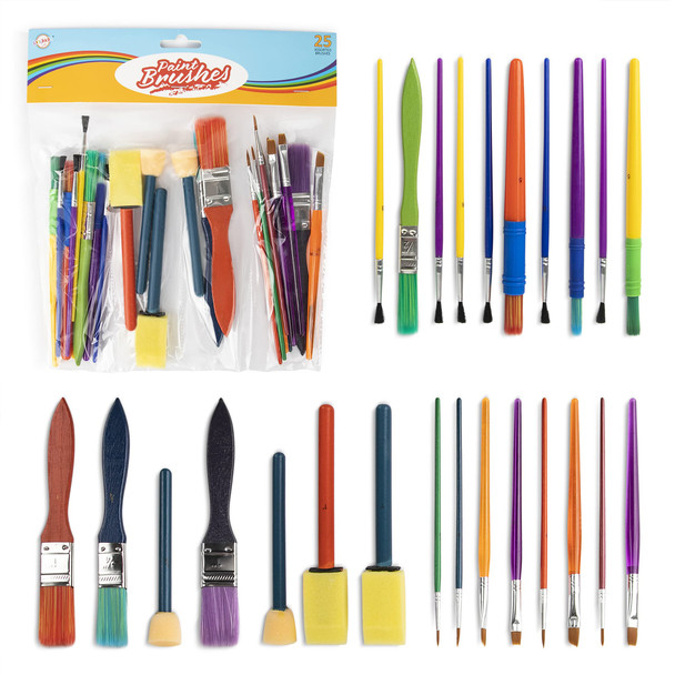 Paint Brushes for Kids, Paint Brush Set for Paint Party, Safe Toddler Paint Brushes, Durable, Assorted Colors, 25 Pack