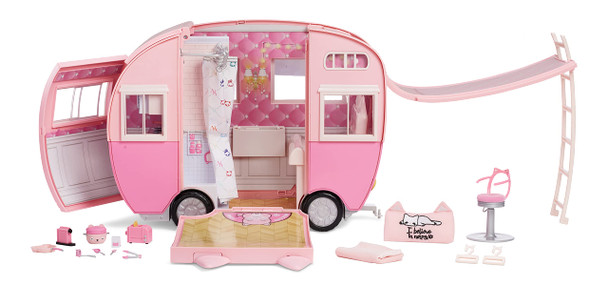 Na Na Na Surprise Kitty-Cat Camper Playset, Pink Toy Car Vehicle for Fashion Dolls with Cat Ears & Tail, Opens to 3 Feet Wide for 360 Play, 7 Play Areas, Accessories, Gift for Kids Ages 5 6 7 8+ Years