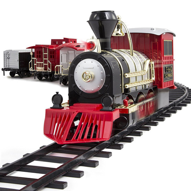 FAO Schwarz 1006832 Classic Motorized Train Set, Complete Toy Set with Engine, Cargo, 18' of Modular Tracks, Red/ Black, Pack of 30