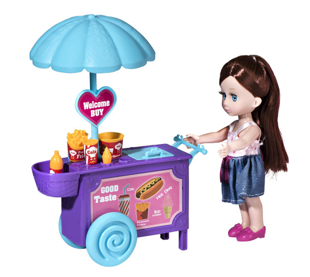 playkidiz Mini Doll Food Playset: Pretend Play Mini Doll with Super Durable Food Push Cart for Children's Doll House or just Fun Play