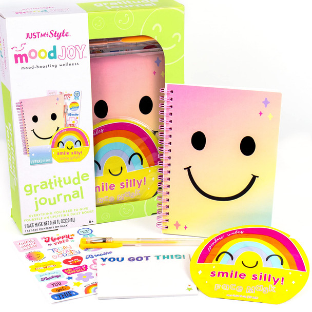 Just My Style MoodJoy Gratitude Journal by Horizon Group USA, Includes Spiral-Bound Mindfulness Journal, Nourishing Face Sheet Mask, Sticky Notes, Positivity Stickers & More, Multi