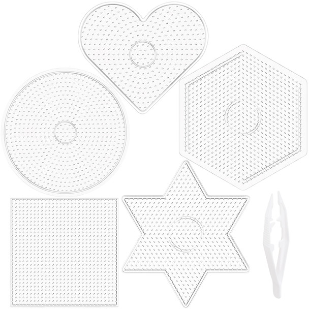 Darice Fuse Beads Pegboards 5pcs - 5mm Melty Beads Peg Board, Clear Plastic Boards Kit for Kids and Adults - 3" Square, Circle, Heart, Star, Hexagon