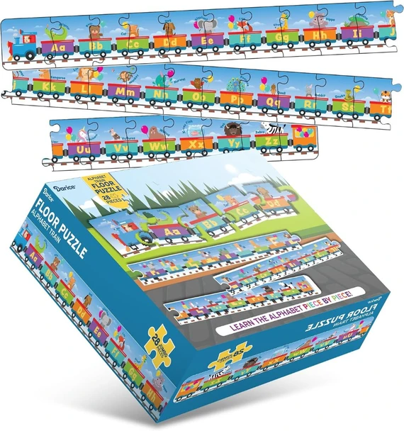 Darice Alphabet Train Floor Puzzle for Kids – 28 Jumbo Pieces, 10-Foot Long Educational ABC Jigsaw Puzzle – Learn Letters & Animals