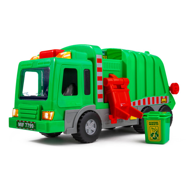 Playkidiz Kids 15" Garbage Truck Toy with Lights, Sounds, and Manual Trash Lid, Interactive Early Learning Play for Kids, Indoor and Outdoor Safe, Heavy Duty Plastic