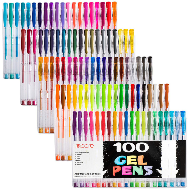 Moore: Premium Art Color Gel Pens Set of 100 pcs for Adults Coloring Books Drawing Painting Writing (No Duplicates)