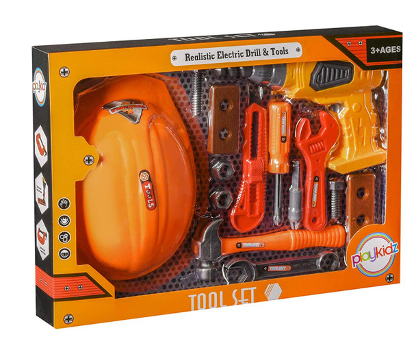 playkidiz Tool Set for Kids 14-Piece Boys & Girls Toy Playset w/Construction Hard Hat, Working Electric Power Drill, Hamm
