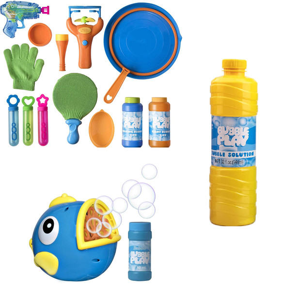 Ultimate Bubble Solutions to Keep The Kids Occupied - 32 oz Bubble Refill, Mini Blowers, [2] 8oz Solution Refills, Blaster Gun, Handheld Fan Jumbo Wand Bouncy Game Paddle, Fish
