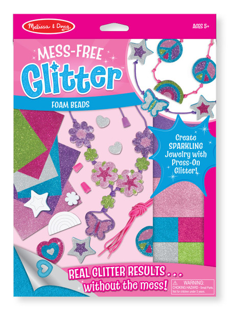 Melissa & Doug Mess-Free Glitter Foam Beads Craft Kit (20 Beads, 6 Glitter Sheets, 4 Cords, and 4 Clasps, Great Gift for Girls and Boys - Best for 5, 6, 7, 8, 9 Year Olds and Up)