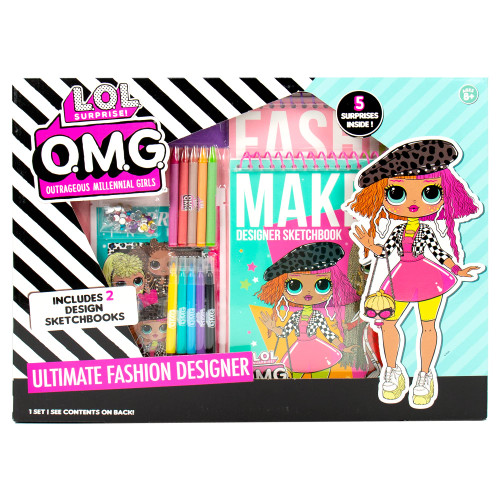 lol omg ultimate dress up designer L.O.L. Surprise! O.M.G. Ultimate Fashion Designer, Double Feature Series, Decorate 4 Die-Cut Dolls With 300+ Accessories, 5 Surprises Inside, Includes