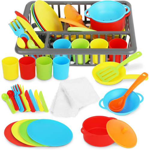 Playkidiz Kids Play Dishes with Drainer - 27PC Tableware & Pretend