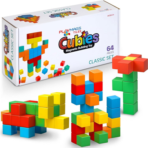 Playmags Magnetic Blocks Building Toy, 64pc Magnet Cubes STEM Toys for ...