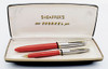Sheaffer Sentinel Snorkel Fountain Pen and Pencil Set (1950s) - Vermillion, Extra-Fine 14k Nib (Excellent +, in box, Restored)