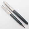 Parker 51 Aerometric Fountain Pen Set (UK, 1950s) - Navy Grey, Lustraloy Caps, Medium 14k Nib (Excellent +, Working Well)