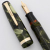 Parker Challenger Fountain Pen (1939) - Green & Black Marble w/GT, Plain Clip, Full Size, Button Filler, Fine Parker Pen Nib (Excellent, Restored)