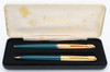 Parker 45 Custom Fountain Pen Set (1970s) - Teal, GF Cap, Medium 14k Nib (Excellent + in Box, Works Well)