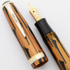 Parker Duofold Geometric "Toothbrush" Fountain Pen (1939) - Brown Marble w/GT,  Junior Size, Button Filler, Medium Duofold Pen Nib (Excellent, Restored)