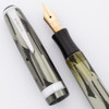 Parker Duofold Geometric "Toothbrush" Fountain Pen (1940) - Junior Size,  Gray and Black w/Chrome Plated Trim,  Button Filler, Fine Flexible Nib (Excellent +, Restored)