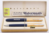 Waterman Crusader Fountain Pen & Pencil Set (late 1940s) - Blue, Gold Horizontal Lined Cap, Lever Filler, Fine Flexible 14K Nib (Superior, In Box, Restored)