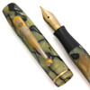 Eggens Hambler Fountain Pen (1920-30s) - Ivory w Black Lines, Gold Trim, Lever Filler, Fine 14k Nib (Excellent +, Restored)