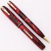 Waterman Thorobred 3V/32V Fountain Pen Set  (1930s) - Red Marble w Green Veins, Lever Filler, 14k Extra Fine Ideal #2 Gold Nib (Excellent, Restored)