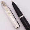 Parker 51 Vacumatic Fountain Pen (1948) - Black, Sterling Silver Lined Cap, Gold Clip, Medium Gold Nib (Excellent, Restored)