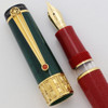 Delta Pietro Vannucci Dietto LE Fountain Pen (#021/188) - Chased Red Resin Barrel w Dark Green Resin Cap, Vermeil Trim, Piston Filler, Extra-Fine 18k Delta Nib (Near Mint, Works Well)
