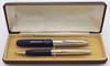 Moore 76-B Fingertip Fountain Pen and Pencil Set (1948) - Hard to Find 2nd Generation, Blue w Chrome Cap, 14k Medium Nib (Excellent +in Box, Restored)