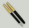 Waterman Taperite Crusader Fountain Pen Set - Black w Gold Cap, Fine Semi-Flex (Excellent, Restored)