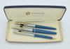 Sheaffer Stylist 3-Pc Fountain Pen Set - Blue w Chrome GT Caps, Fine Triumph Nib (NOS, Boxed, Canada)