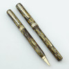 Diamond Point Fountain Pen Set - 1930s, Brown & Silver Striated, Fine Steel Nib (Excellent, Restored)