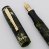 Gold Bond Junior Flat Top Fountain Pen - Green Marbled w Black End Caps, Fine 14k Nib (Excellent, Restored)