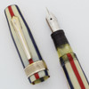 Do-Write Fountain Pen - White w Red & Blue Stripes, Lever Filler, Steel Fine Nib (Excellent, Restored)