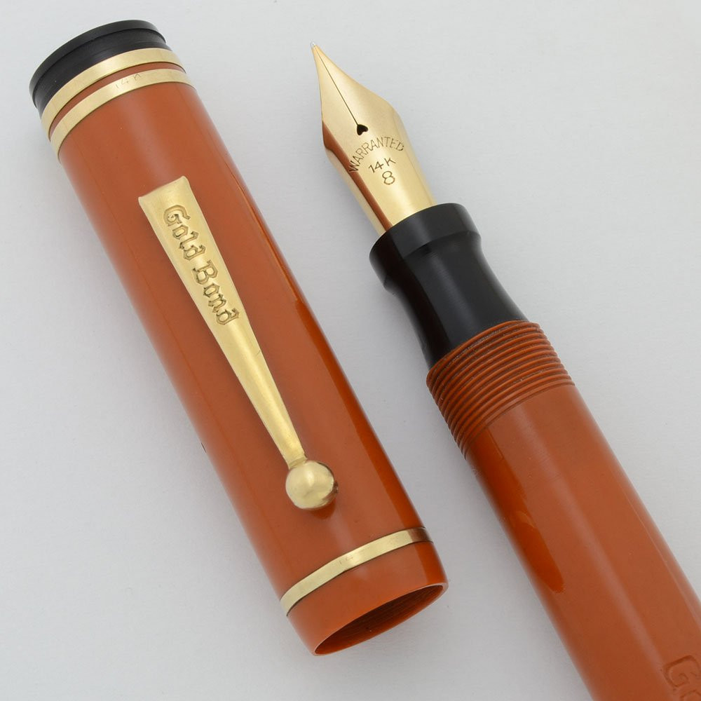 Gold Bond Oversized Stonite Fountain Pen Orange w 14k Bands, 14k