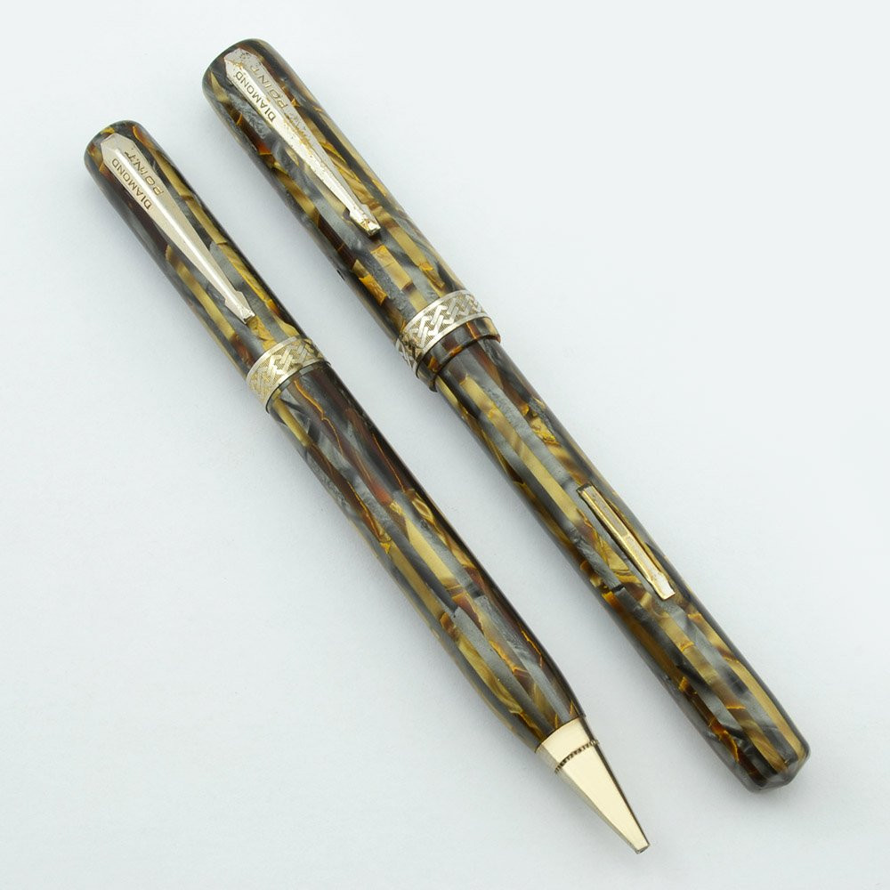 Diamond Point Fountain Pen Set 1930s, Brown & Silver Striated, Fine