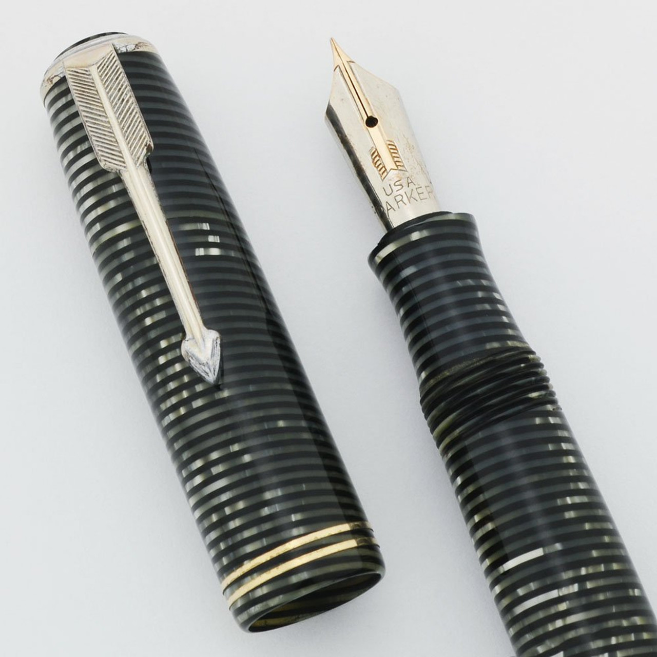 Parker Vacumatic Junior "Vacuum Filler" Fountain Pen (1932-33) - First Generation, Silver Pearl Black Laminate , Double Jewel, Fine (Hard to Find, Excellent, Restored)