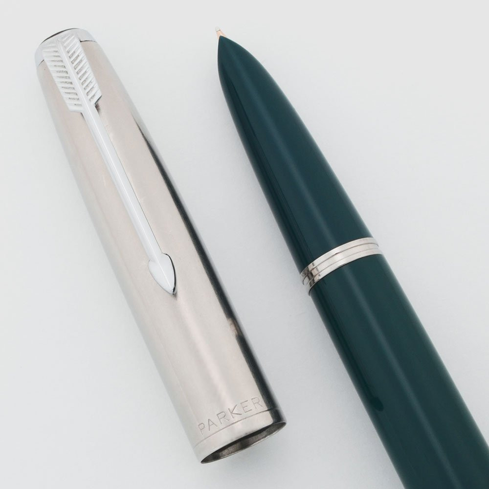 Parker 51 Aerometric Demi Fountain Pen (Post 1952) - Teal Blue, Lustraloy Cap, Fine 14k Nib (Excellent, Restored)
