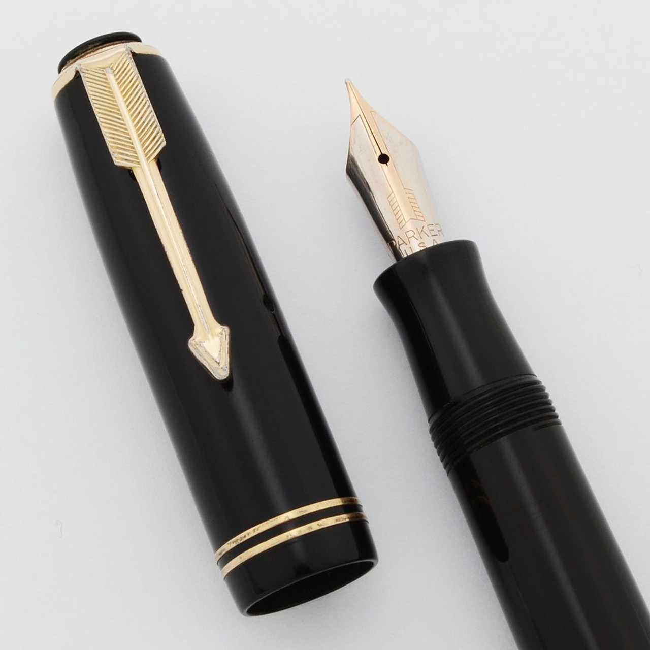 Parker Vacumatic Slender Junior Fountain Pen (1936) - Windowed Black, Lockdown Filler, Double Jewels, Flexible Fine Nib (Superior, Restored)