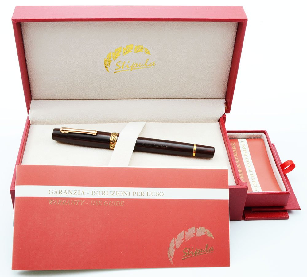 Stipula Bellini Fountain Pen - Red and Black Ebonite, Vermeil Trim, Italic Two-Tone Stainless Steel Nib (Near Mint In Box, Works Well)