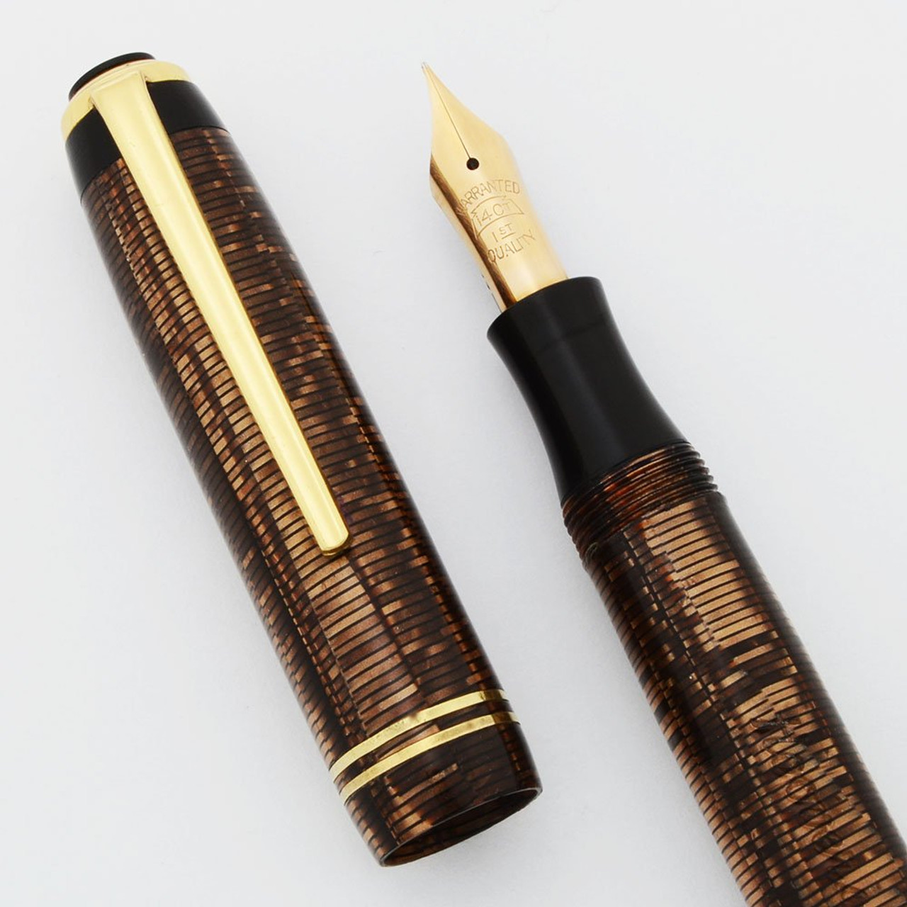 Hoover de Luxe Fountain Pen (Denmark) - Brown Striated Celluloid, 14k Warranted Semi-flex Nib (Excellent, Restored)