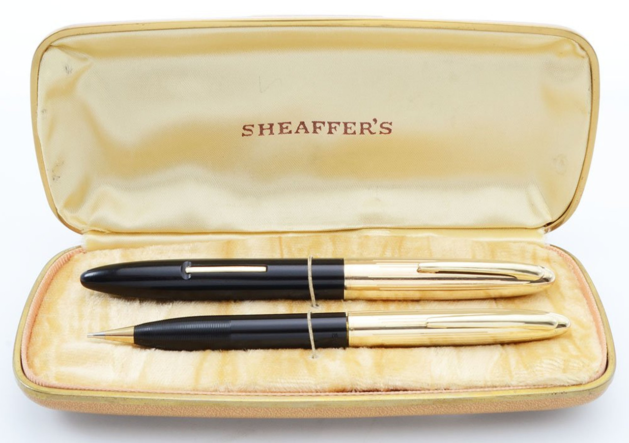 Sheaffer Triumph Crest Deluxe 1500 Fountain Pen Set - Black with Gold Cap, Lever Fill, Medium 14k Lifetime Nib (Excellent In Box, Restored)