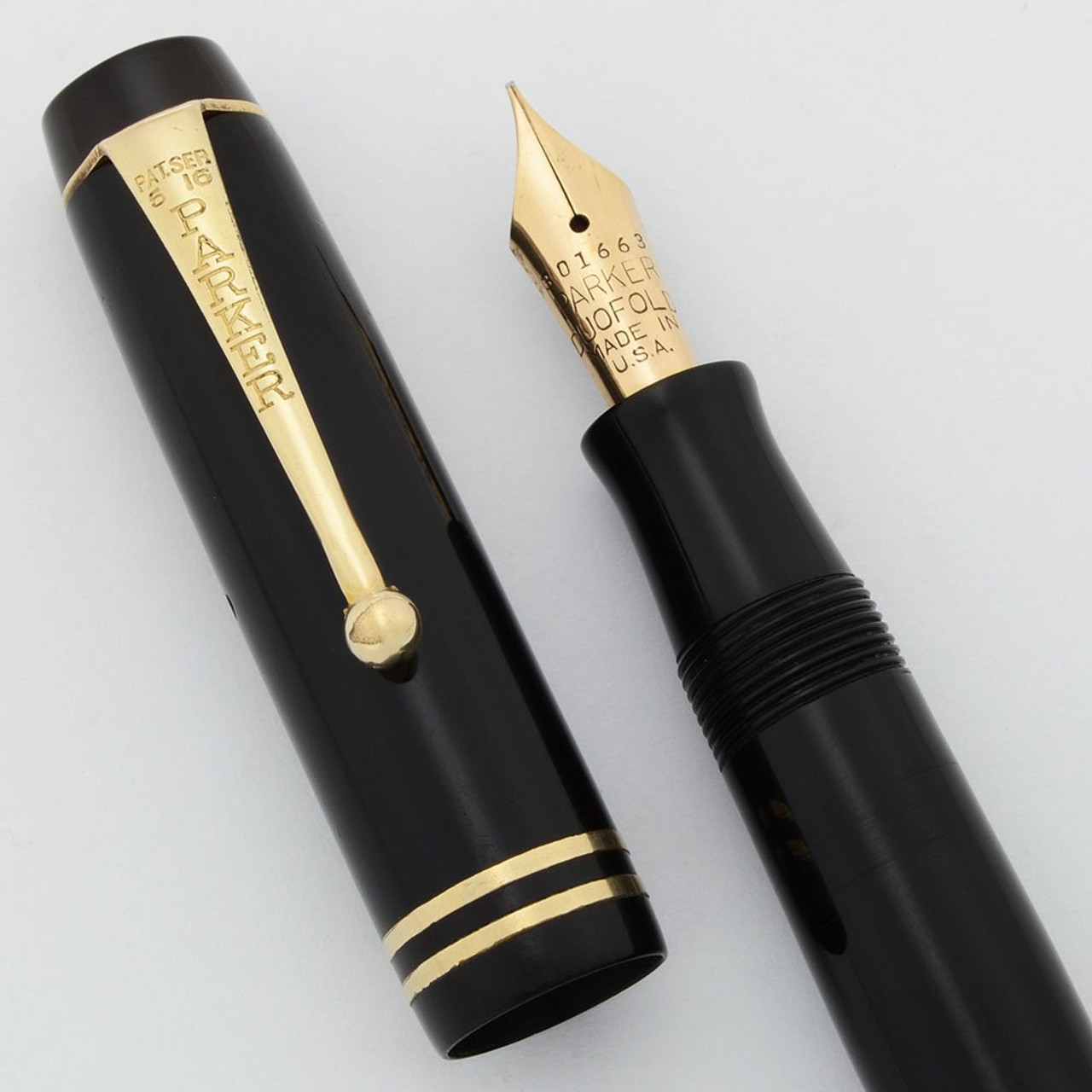 Parker Duofold Junior Fountain Pen - Streamlined, Black, Fine Gold Nib (Excellent +, Restored) - 15851