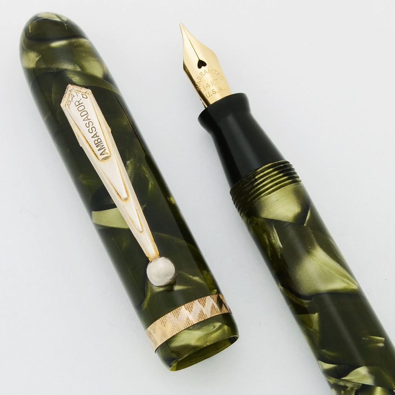 Ambassador Fountain Pen - Olive Green Marble, 14k Fine Flex Nib (Very Nice, Restored)